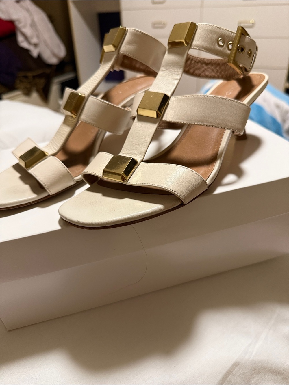 Donald J. Pliner Strappy Heels with Gold Studs    Size 8.5    (Kitten Heel)
